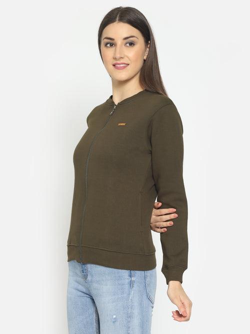 Hapuka Women Olive Fleece Front Zip Sweat Shirt