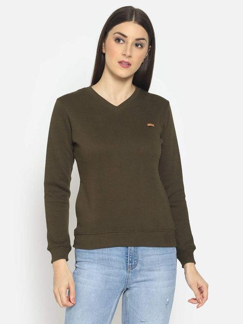 Hapuka Women Olive Fleece  V Neck Sweat Shirt