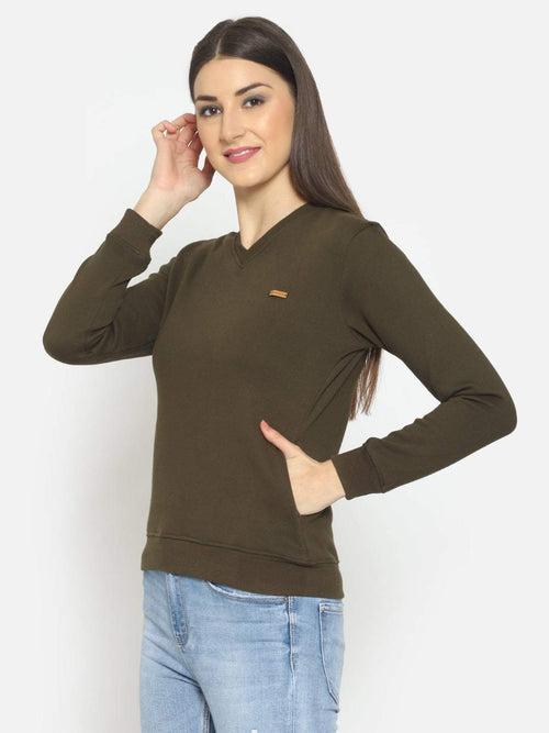 Hapuka Women Olive Fleece  V Neck Sweat Shirt