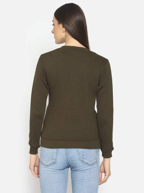 Hapuka Women Olive Fleece  V Neck Sweat Shirt