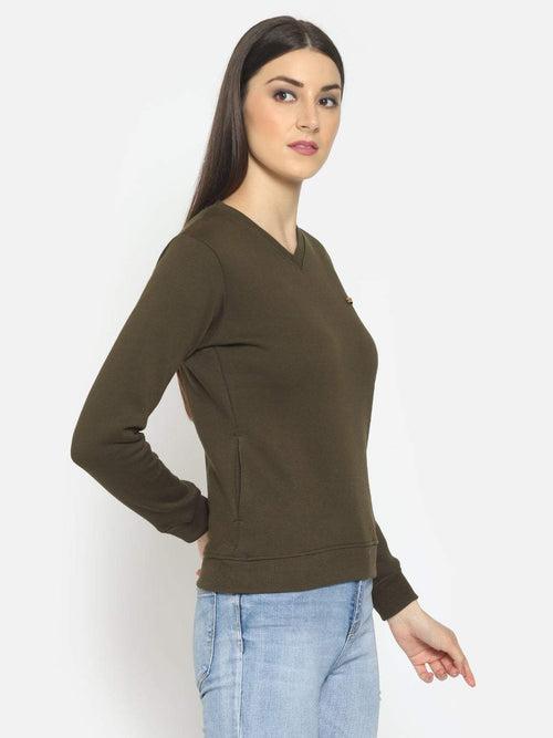 Hapuka Women Olive Fleece  V Neck Sweat Shirt