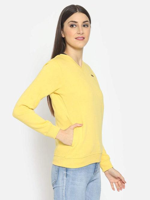 Hapuka Women Yellow Fleece V Neck Sweat Shirt