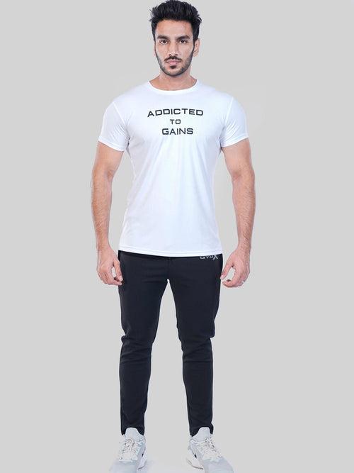 GymX Ultra Lite White Tee: Addicted To Gains - Sale