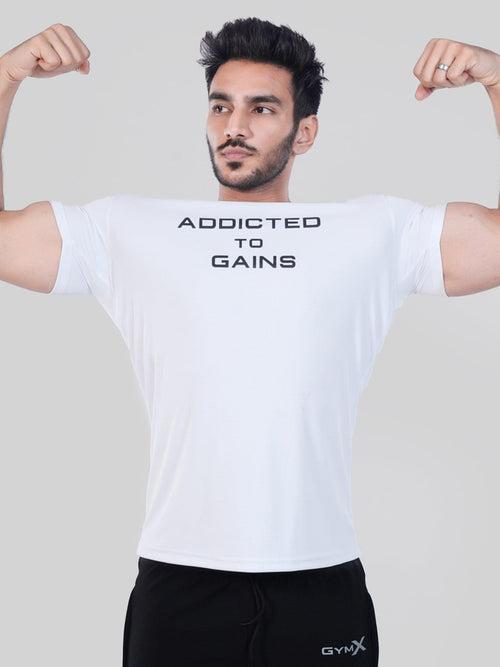 GymX Ultra Lite White Tee: Addicted To Gains - Sale