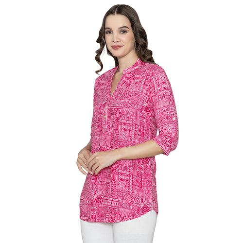 Women Fine Rayon Printed Short Kurtis - fuchsia