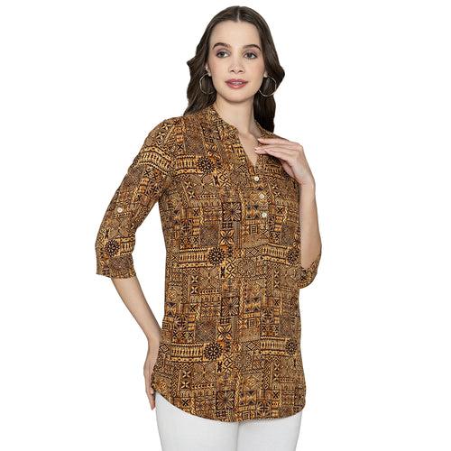 Women Fine Rayon Printed Short Kurtis - Brown