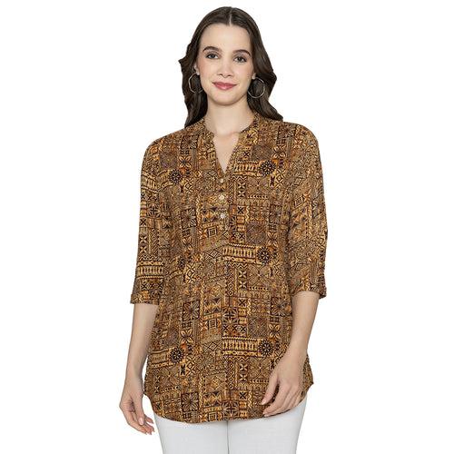 Women Fine Rayon Printed Short Kurtis - Brown