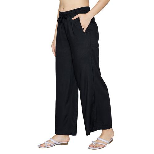 Women Solid Woven Viscose Palazzos - Black