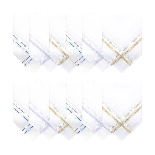 Mens Formal Cotton Handkerchief in White with colorful stripes- A pack of 12 pieces