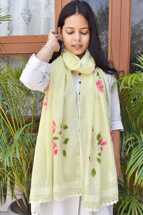 Kota Cotton Dupatta with Hand Paint, Hand Chikankari embroidery & crochet borders on all sides