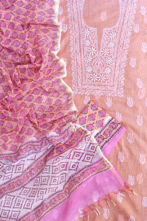 Elegant Lucknowi Chikankari Hand Embroidery work  & Block print Unstitched Suit - 3 pc set