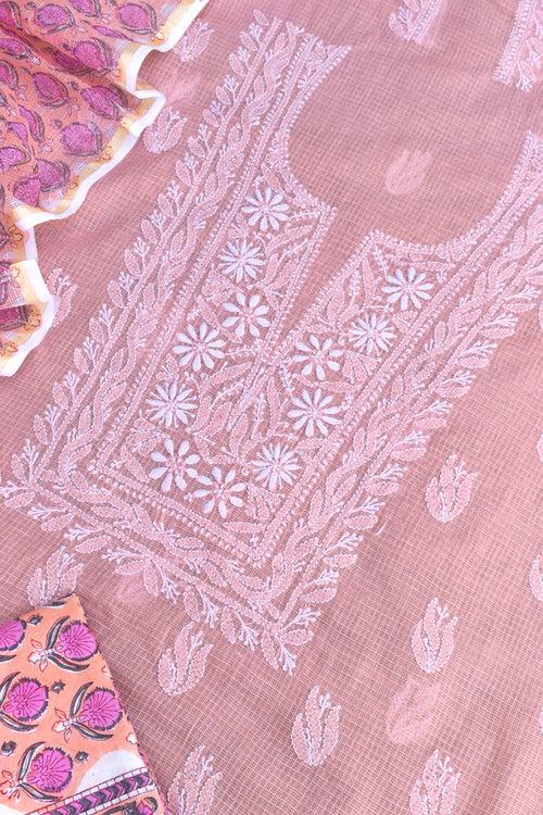 Elegant Lucknowi Chikankari Hand Embroidery work  & Block print Unstitched Suit - 3 pc set