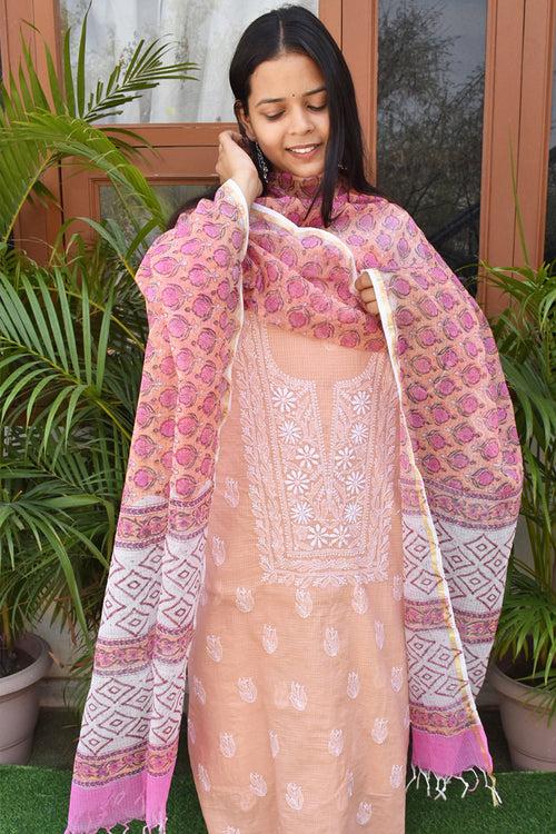 Elegant Lucknowi Chikankari Hand Embroidery work  & Block print Unstitched Suit - 3 pc set