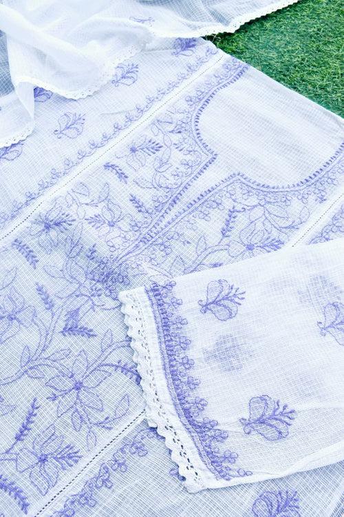 Elegant Kota Kurta & Dupatta Set with intricate Lucknowi Hand Chikankari embroidery - thread color Lavender