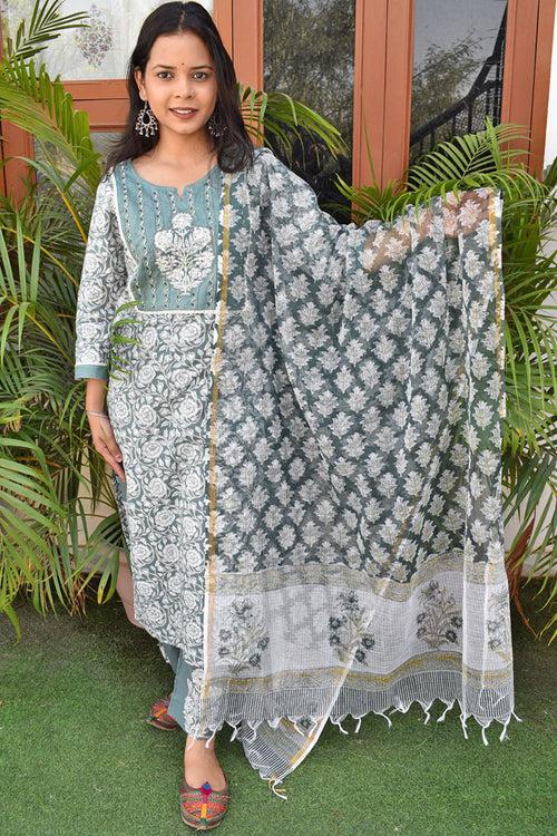 Hand Block Printed Cotton suit with kota dupatta - Kurta , Dupatta & Pant - size 38,  40,  42, 44