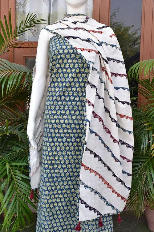 Beautiful Ajrakh Cotton Kurta fabric with Heavy Hand Applique Work dupatta