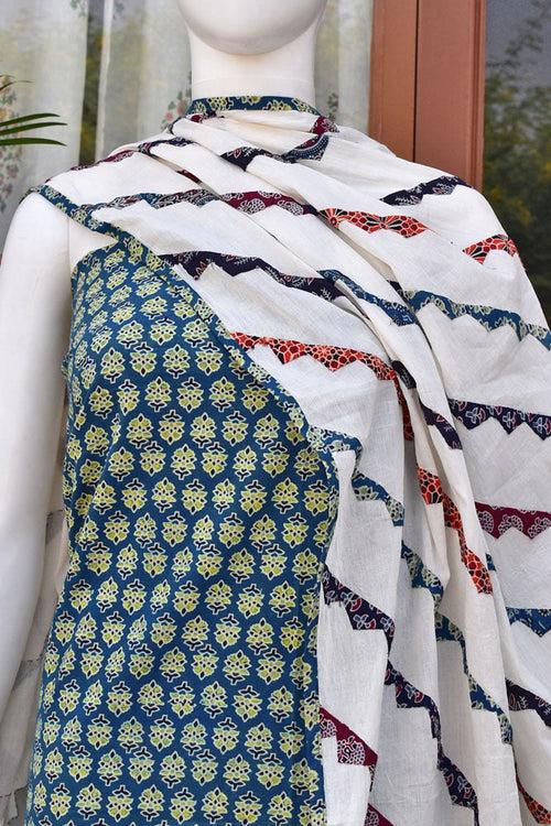 Beautiful Ajrakh Cotton Kurta fabric with Heavy Hand Applique Work dupatta