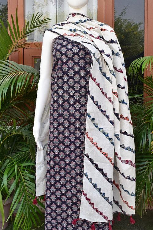 Beautiful Ajrakh Cotton Kurta fabric with Heavy Hand Applique Work dupatta