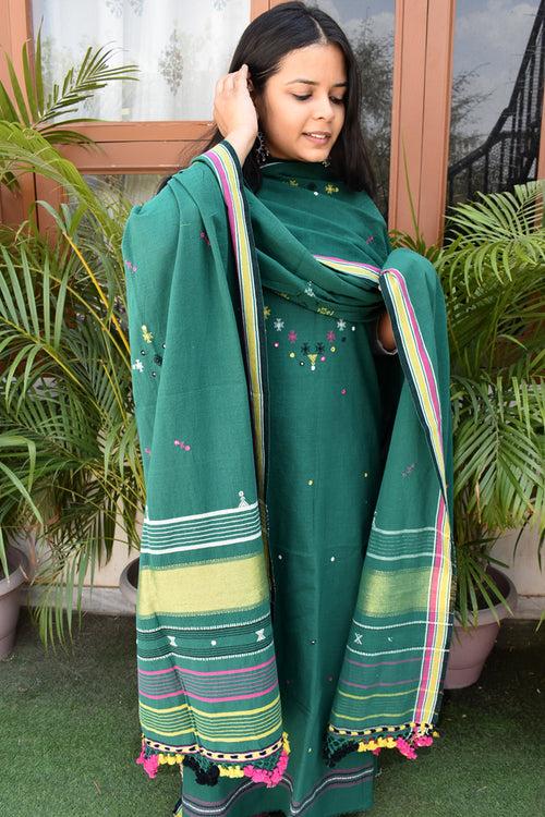 Premium Handwoven Kala Cotton Bhujodi suits with Mirror and Miri work - 3 pc set