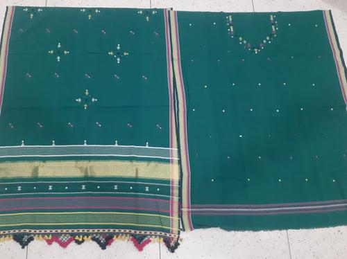 Premium Handwoven Kala Cotton Bhujodi suits with Mirror and Miri work - 3 pc set