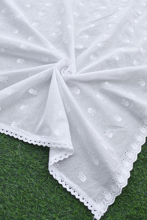 Beautiful Embroidered Cotton Dupatta - Milky white - Dyeable