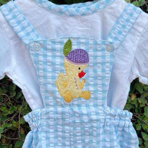 Quacktastic Fiesta: Hand-Embroidered Blue Charm Romper