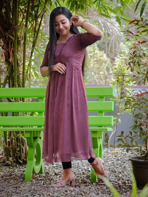 Chocolate shaded silky georgette Alia cut kurti with handworks MBS-343