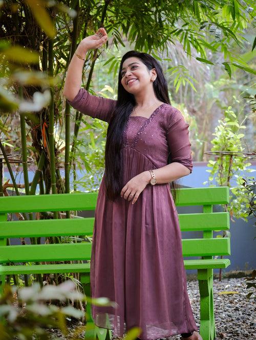 Chocolate shaded silky georgette Alia cut kurti with handworks MBS-343