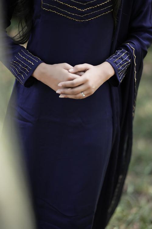 Navy blue shaded blooming georgette handworked full sleeve kurti MBS-277