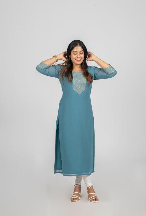 Teal blue shaded georgette kurti featuring with sequins yoke and sleeves MBS-287