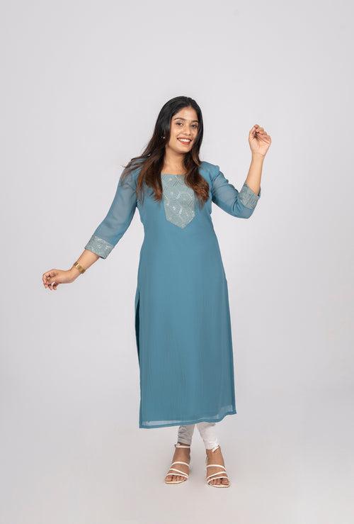 Teal blue shaded georgette kurti featuring with sequins yoke and sleeves MBS-287