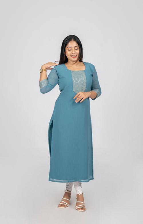 Teal blue shaded georgette kurti featuring with sequins yoke and sleeves MBS-287