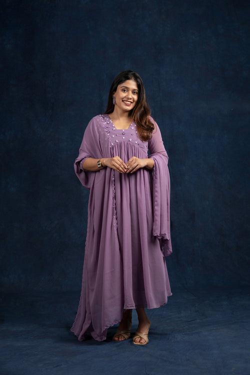 Lavender shaded georgette A-line kurti with heavy handworked yoke and dupatta MBS251