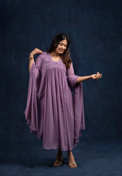 Lavender shaded georgette A-line kurti with heavy handworked yoke and dupatta MBS251