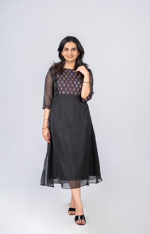 Black soft organza A-line kurti with handwork detailed yoke and sleeves MBS-269