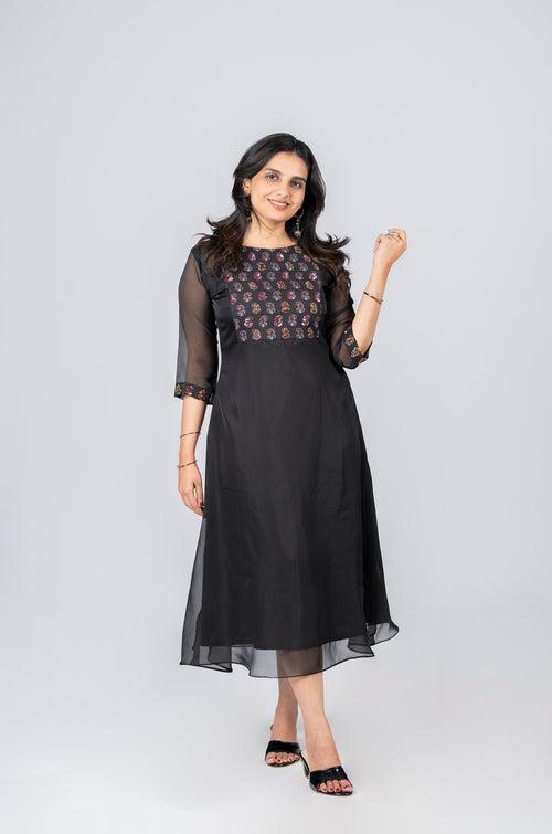Black soft organza A-line kurti with handwork detailed yoke and sleeves MBS-269