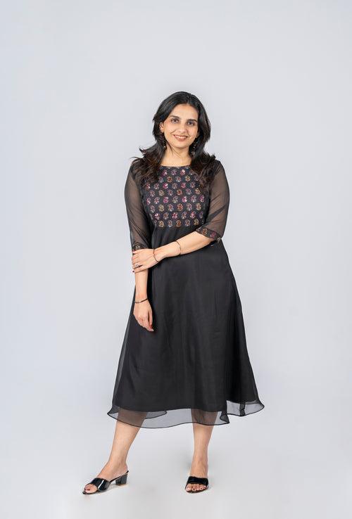 Black soft organza A-line kurti with handwork detailed yoke and sleeves MBS-269