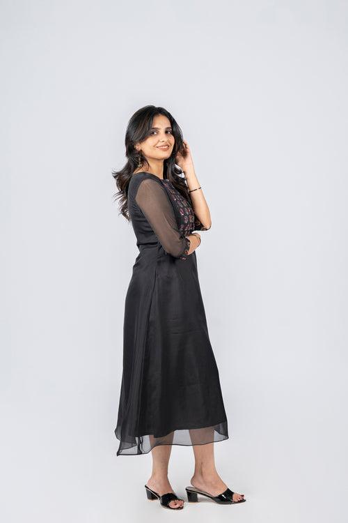 Black soft organza A-line kurti with handwork detailed yoke and sleeves MBS-269