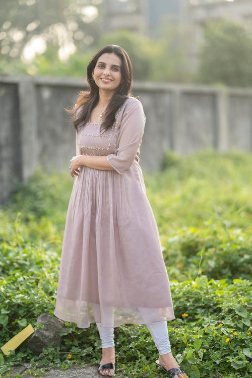 Latte shaded soft organza kurti with handworked yoke and sleeves MBS-282