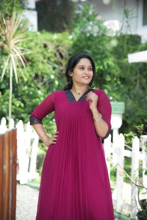 Magenta shaded A-line kurti with thread worked neck and sleeves MBS-R186