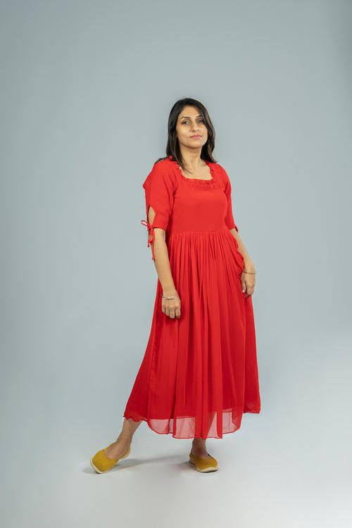 Red georgette A-line kurti with frilled neck MBS-R232