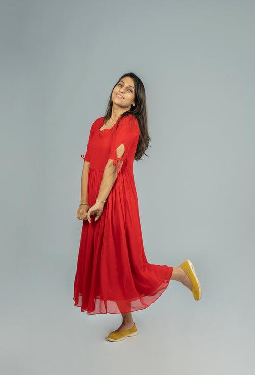 Red georgette A-line kurti with frilled neck MBS-R232