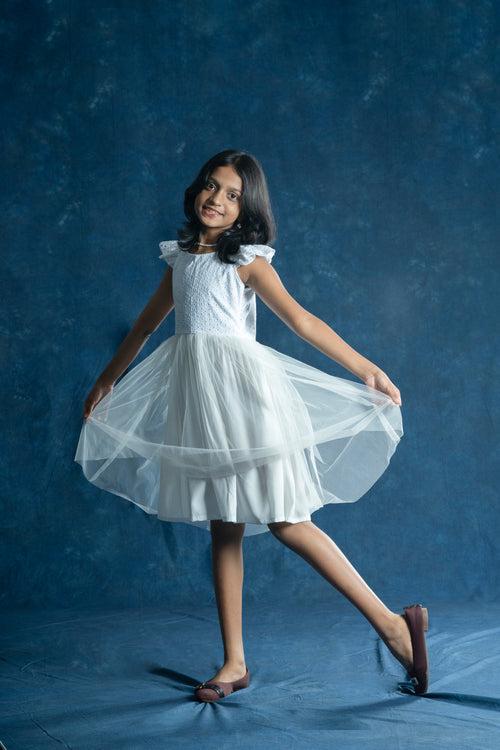 Kids - White netted frock with hacoba yoke MBS-217