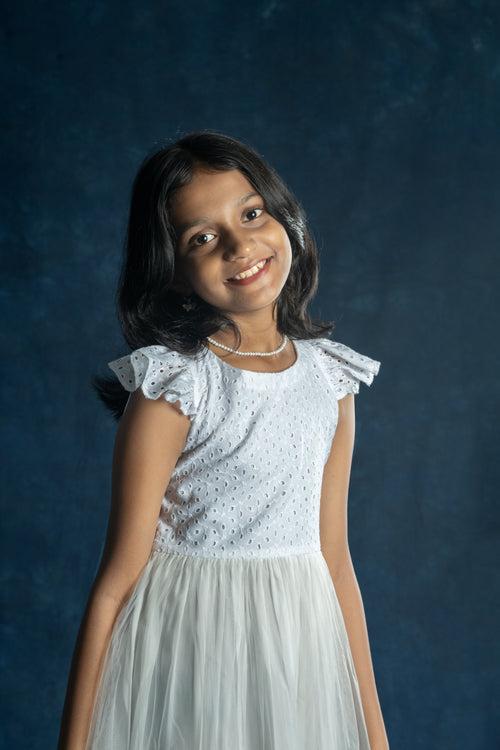 Kids - White netted frock with hacoba yoke MBS-217