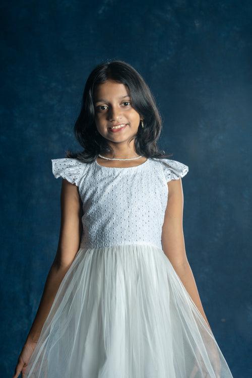 Kids - White netted frock with hacoba yoke MBS-217