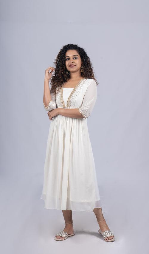 Off white georgette Aline kurti with heavy handworked yoke and sleeves MBS -R122