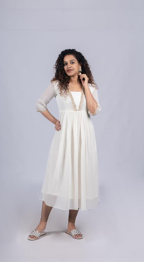 Off white georgette Aline kurti with heavy handworked yoke and sleeves MBS -R122