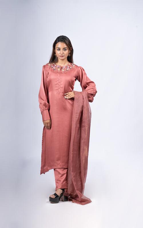 Fully stitched party wear salwar suit in dark peach Rani silk detailed with zardosi handworks MBS- R 117