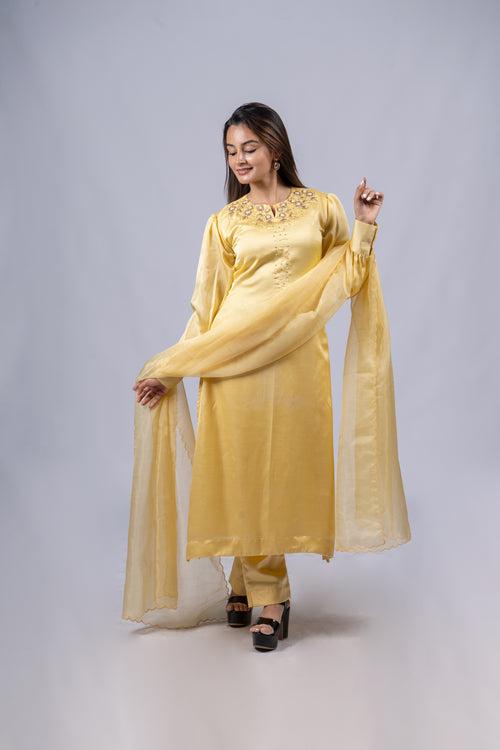 Fully stitched party wear salwar suit in pastel yellow Rani silk detailed with zardosi handworks MBS-R116