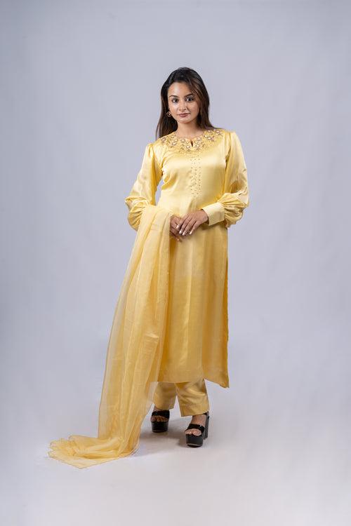 Fully stitched party wear salwar suit in pastel yellow Rani silk detailed with zardosi handworks MBS-R116
